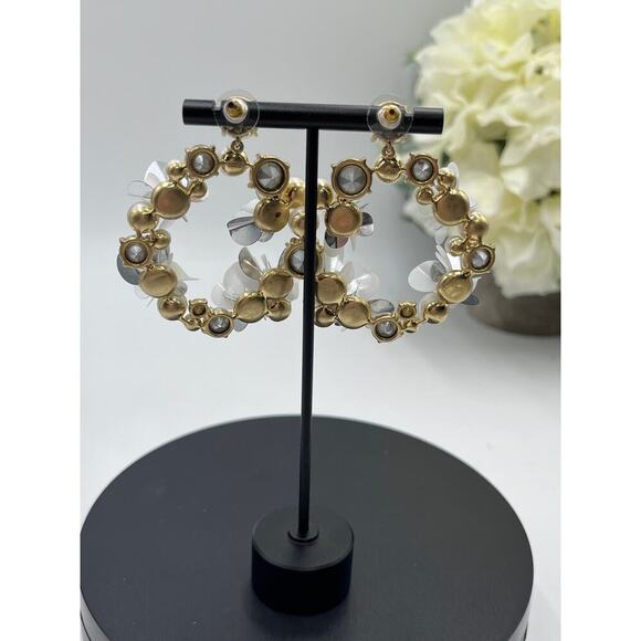 J. Crew White Pearl, Crystal, Sequin Hoop Statement DoorKnocker Earrings Bridal - Picture 8 of 12